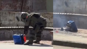 Milas ilçesinde kaldırımda bulunan şüpheli çanta, polis ekiplerince fünye ile