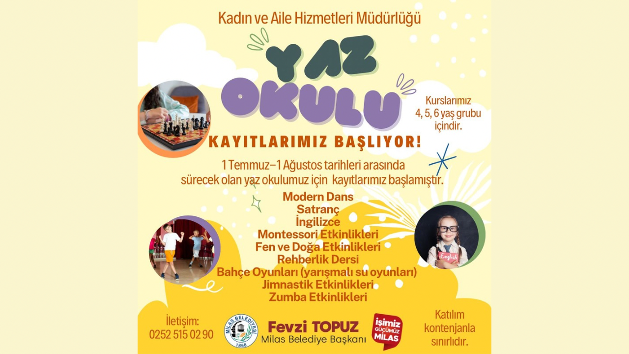 Milas Belediyesi Çocukları Yaz Okulu İle Buluşturuyor Milas Belediyesi, çocukların yaz aylarını eğlenceli aktivitelerle dolu dolu geçirmelerini sağlamak amacıyla Yaz Okulu düzenliyor. Çocuklar, Milas